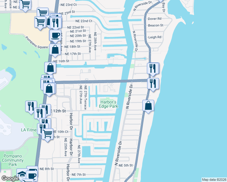 map of restaurants, bars, coffee shops, grocery stores, and more near 2880 Northeast 14th Street Causeway in Pompano Beach