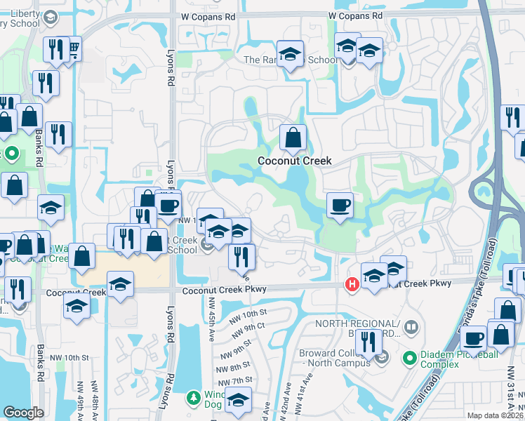 map of restaurants, bars, coffee shops, grocery stores, and more near 2805 Victoria Way in Coconut Creek