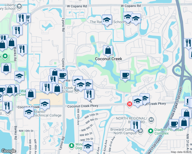 map of restaurants, bars, coffee shops, grocery stores, and more near 2805 Victoria Way in Coconut Creek