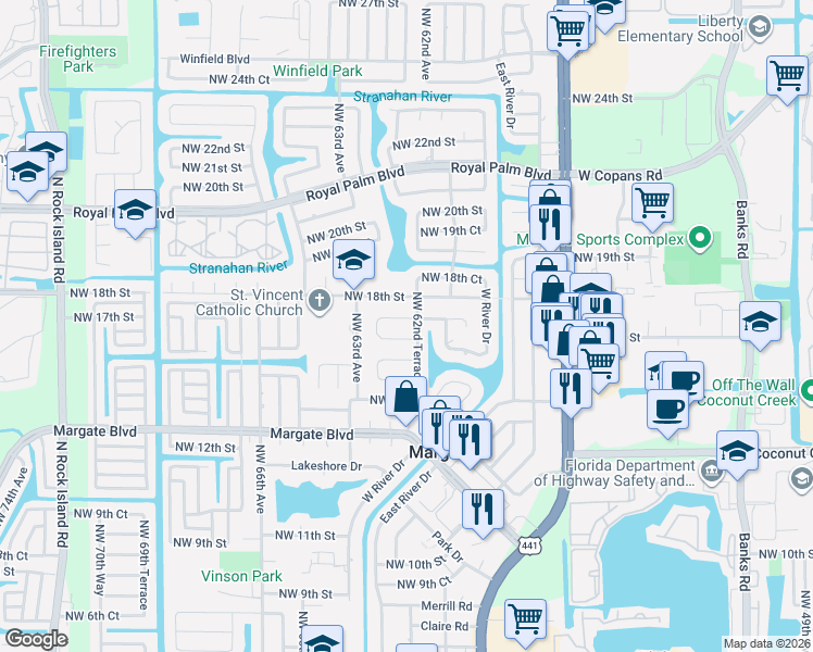 map of restaurants, bars, coffee shops, grocery stores, and more near 6226 Northwest 16th Court in Margate