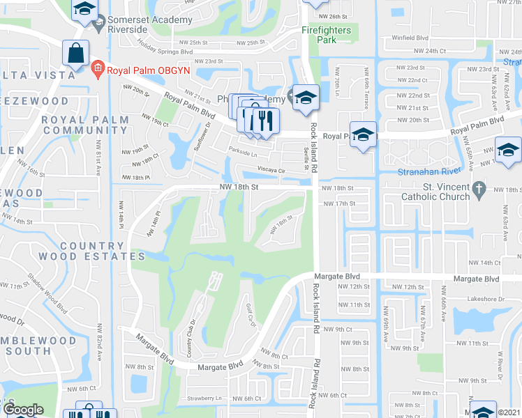 map of restaurants, bars, coffee shops, grocery stores, and more near 31 Northwest 18th Street in Margate