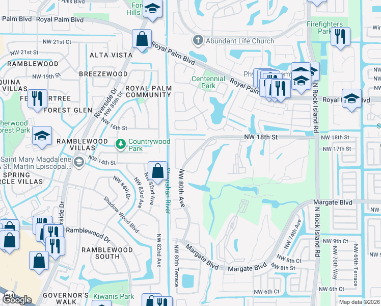 map of restaurants, bars, coffee shops, grocery stores, and more near 1500 Northwest 80th Avenue in Margate