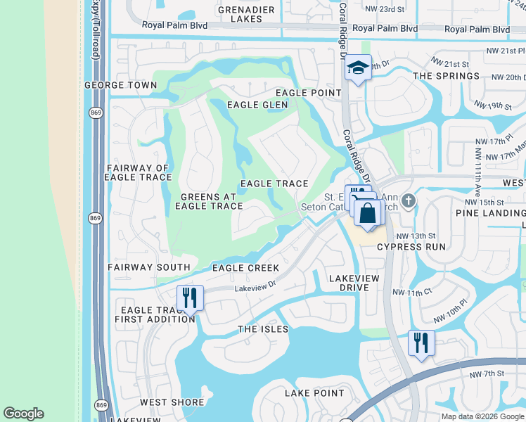 map of restaurants, bars, coffee shops, grocery stores, and more near 1513 Northwest 121st Drive in Coral Springs