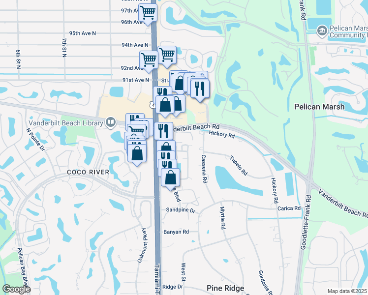 map of restaurants, bars, coffee shops, grocery stores, and more near 840 Meadowland Drive in Naples