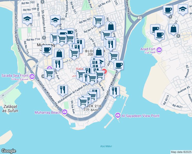 map of restaurants, bars, coffee shops, grocery stores, and more near Abdulrahman Al Fadhel Avenue in Muharraq