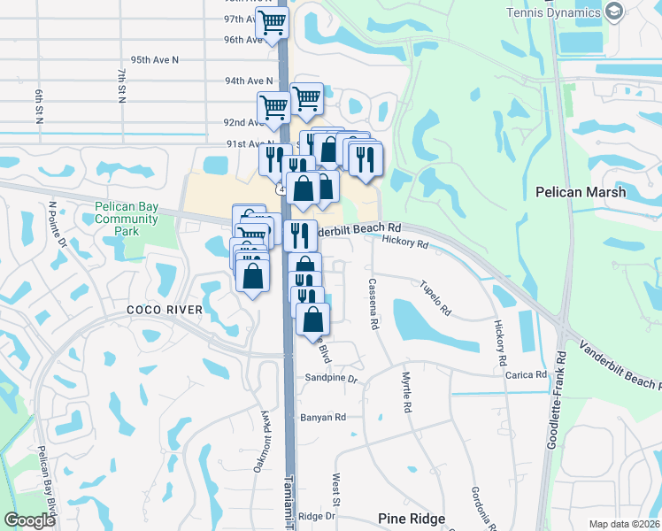 map of restaurants, bars, coffee shops, grocery stores, and more near 879 Meadowland Drive in Naples