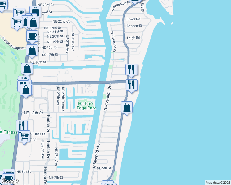 map of restaurants, bars, coffee shops, grocery stores, and more near 3240 Northeast 12th Street in Pompano Beach