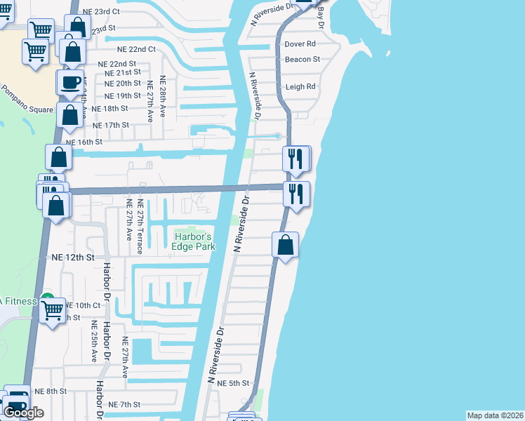 map of restaurants, bars, coffee shops, grocery stores, and more near 3230 Northeast 13th Street in Pompano Beach