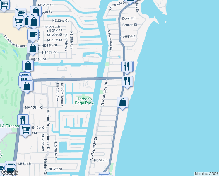map of restaurants, bars, coffee shops, grocery stores, and more near 3240 Northeast 12th Street in Pompano Beach