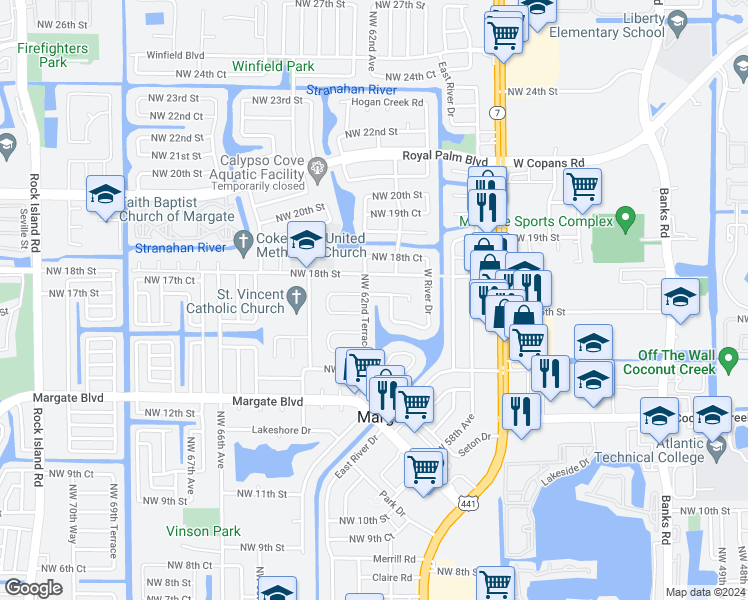 map of restaurants, bars, coffee shops, grocery stores, and more near 6142 Northwest 17th Street in Margate