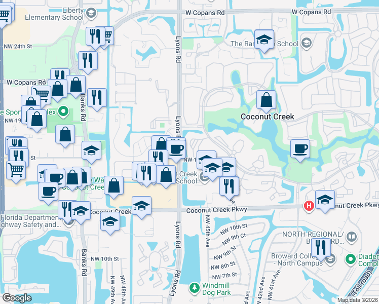map of restaurants, bars, coffee shops, grocery stores, and more near 2503 Antigua Terrace in Coconut Creek
