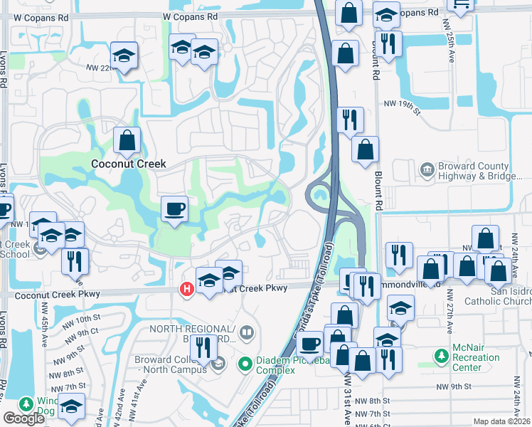 map of restaurants, bars, coffee shops, grocery stores, and more near 4302 Martinique Circle in Coconut Creek