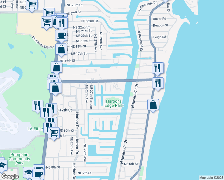map of restaurants, bars, coffee shops, grocery stores, and more near 2860 Northeast 14th Street Causeway in Pompano Beach
