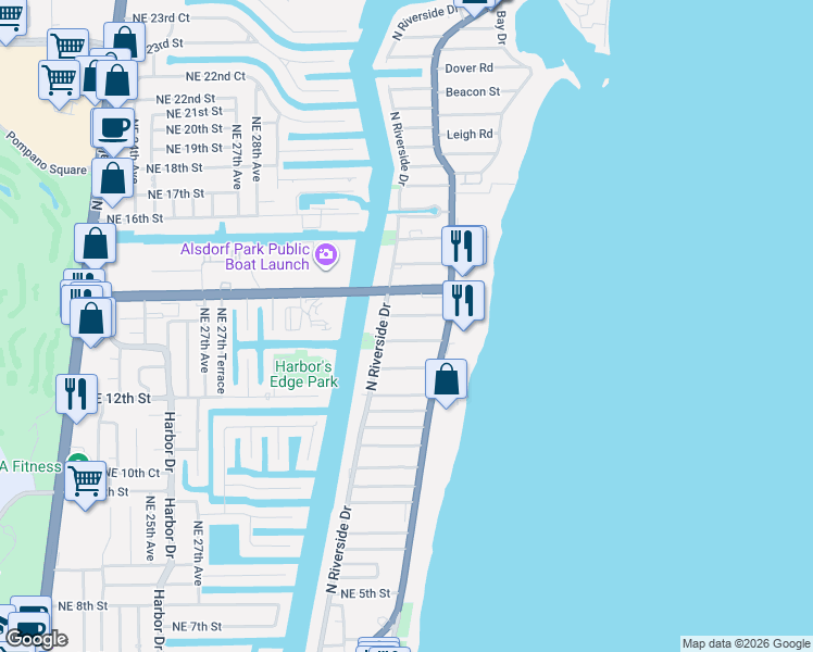 map of restaurants, bars, coffee shops, grocery stores, and more near 3240 Northeast 12th Street in Pompano Beach