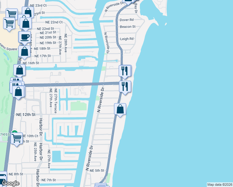 map of restaurants, bars, coffee shops, grocery stores, and more near 1200 Florida A1A in Pompano Beach