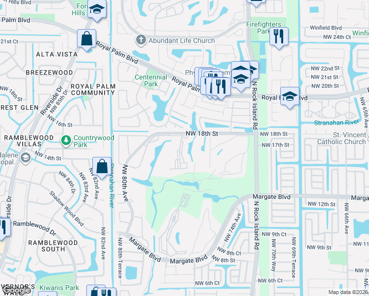 map of restaurants, bars, coffee shops, grocery stores, and more near 7624 Northwest 18th Street in Margate