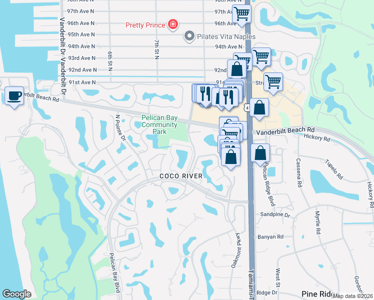 map of restaurants, bars, coffee shops, grocery stores, and more near 8345 Excalibur Circle in Naples