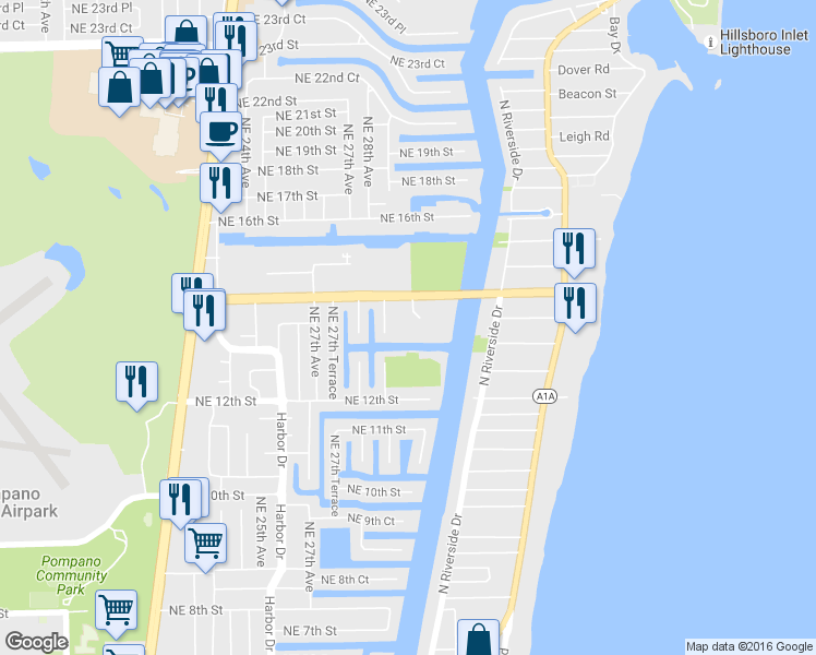 map of restaurants, bars, coffee shops, grocery stores, and more near 2860 Northeast 14th Street Causeway in Pompano Beach