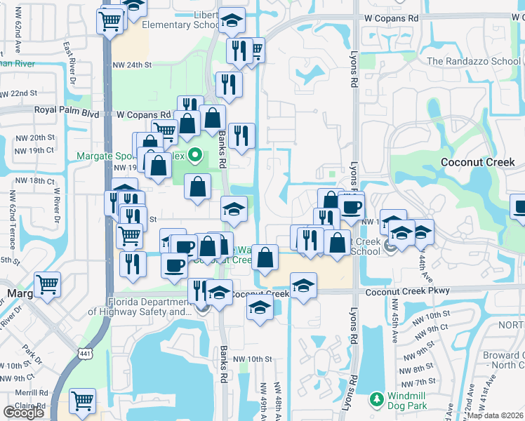 map of restaurants, bars, coffee shops, grocery stores, and more near 4851 Northwest 15th Street in Coconut Creek