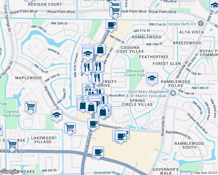 map of restaurants, bars, coffee shops, grocery stores, and more near 1439-1447 Northwest 94th Avenue in Coral Springs
