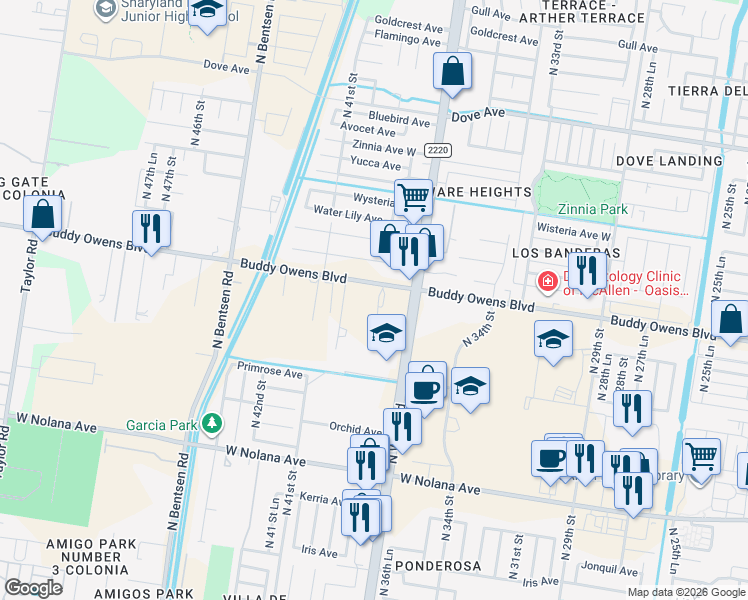 map of restaurants, bars, coffee shops, grocery stores, and more near 3801 Buddy Owens Boulevard in McAllen