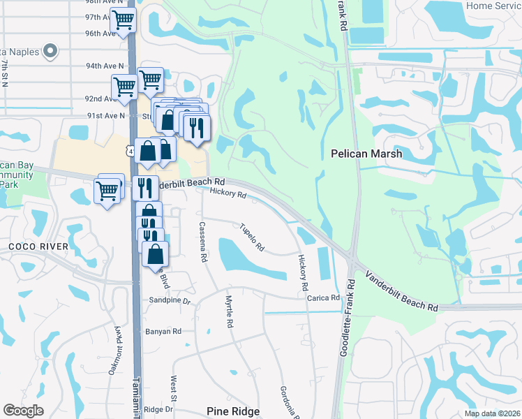 map of restaurants, bars, coffee shops, grocery stores, and more near 173 Tupelo Road in Naples