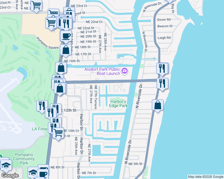 map of restaurants, bars, coffee shops, grocery stores, and more near 1320 Northeast 27th Way in Pompano Beach