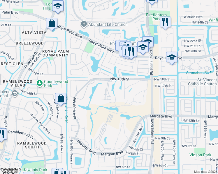 map of restaurants, bars, coffee shops, grocery stores, and more near 7624 Northwest 18th Street in Margate
