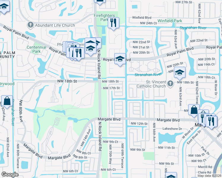 map of restaurants, bars, coffee shops, grocery stores, and more near 1555 Northwest 70th Lane in Margate