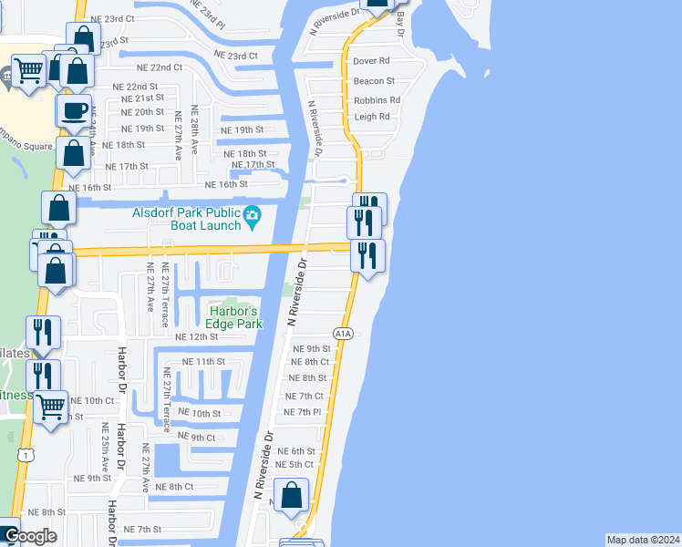map of restaurants, bars, coffee shops, grocery stores, and more near 3240 Northeast 12th Street in Pompano Beach