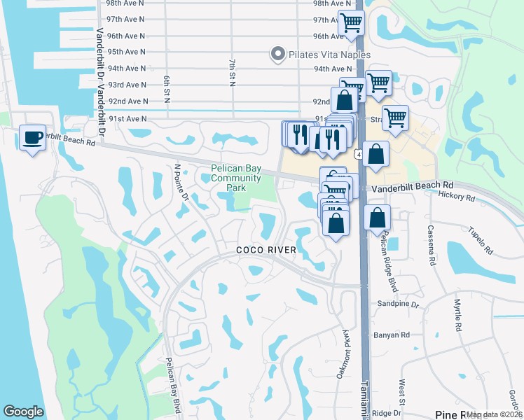 map of restaurants, bars, coffee shops, grocery stores, and more near 8390 Excalibur Circle in Naples