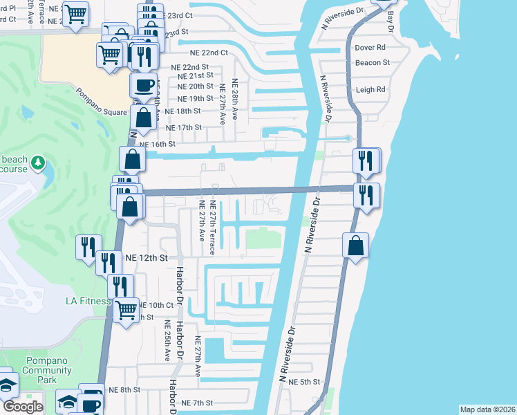 map of restaurants, bars, coffee shops, grocery stores, and more near 161 Northeast 14th Street in Pompano Beach