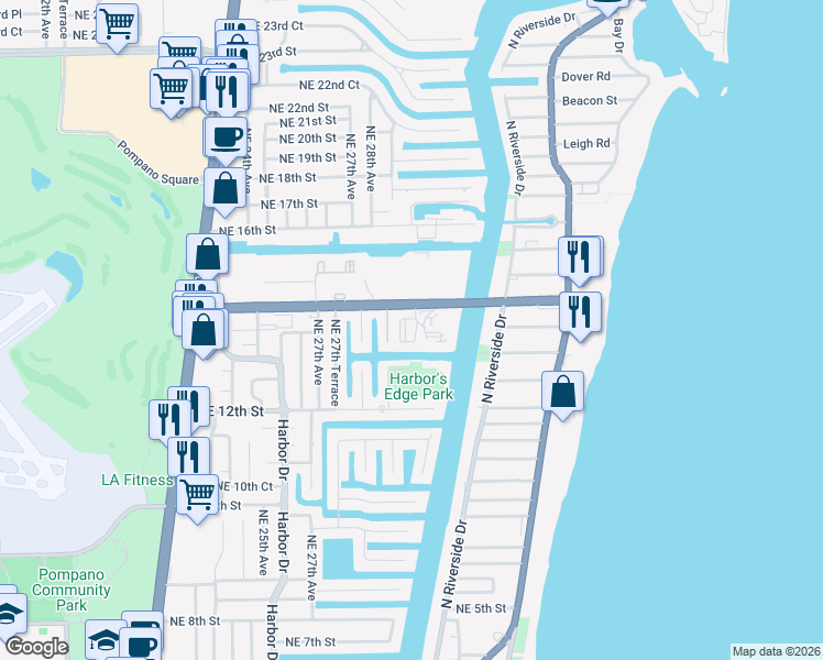 map of restaurants, bars, coffee shops, grocery stores, and more near 161 Northeast 14th Street in Pompano Beach