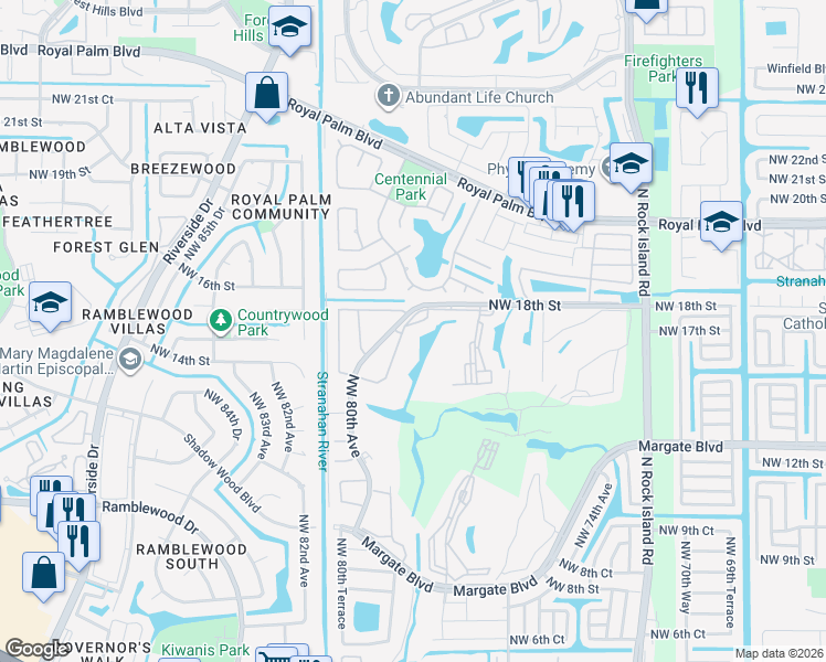 map of restaurants, bars, coffee shops, grocery stores, and more near 1759 Northwest 80th Avenue in Margate