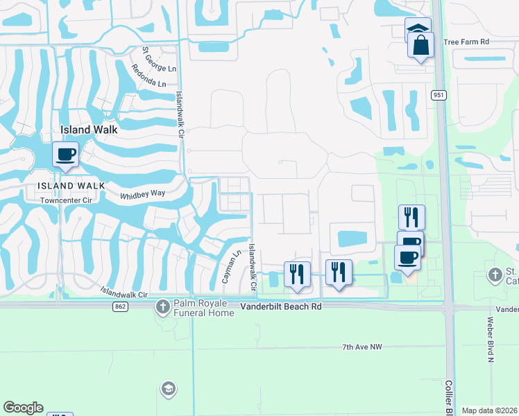 map of restaurants, bars, coffee shops, grocery stores, and more near 3516 Islandwalk Circle in Naples