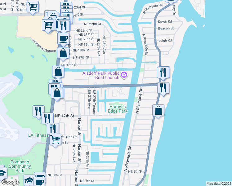 map of restaurants, bars, coffee shops, grocery stores, and more near 161 Northeast 14th Street in Pompano Beach