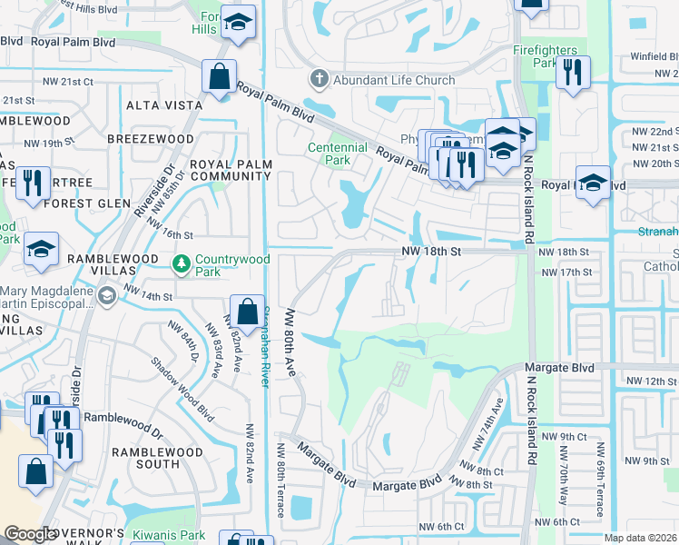 map of restaurants, bars, coffee shops, grocery stores, and more near 1759 Northwest 80th Avenue in Margate
