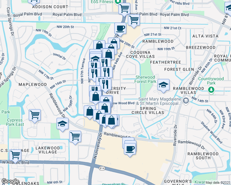 map of restaurants, bars, coffee shops, grocery stores, and more near 1491 Northwest 94th Way in Coral Springs