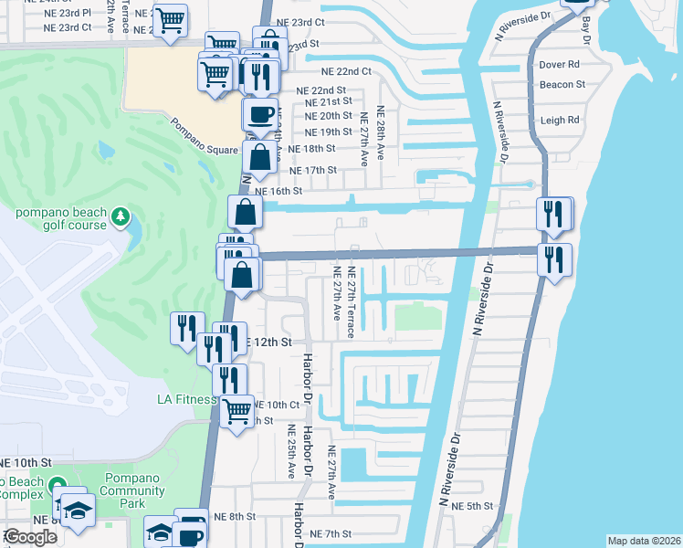 map of restaurants, bars, coffee shops, grocery stores, and more near 2708 Northeast 14th Street in Pompano Beach