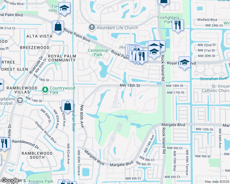 map of restaurants, bars, coffee shops, grocery stores, and more near 7608 Northwest 18th Street in Margate