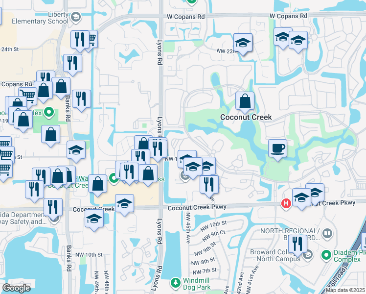 map of restaurants, bars, coffee shops, grocery stores, and more near 2504 Antigua Terrace in Coconut Creek