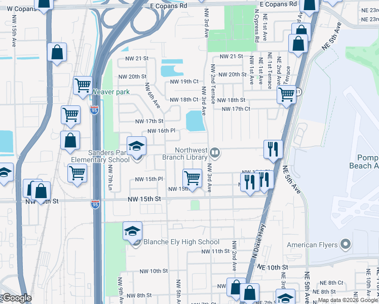 map of restaurants, bars, coffee shops, grocery stores, and more near 360 Northwest 16th Place in Pompano Beach