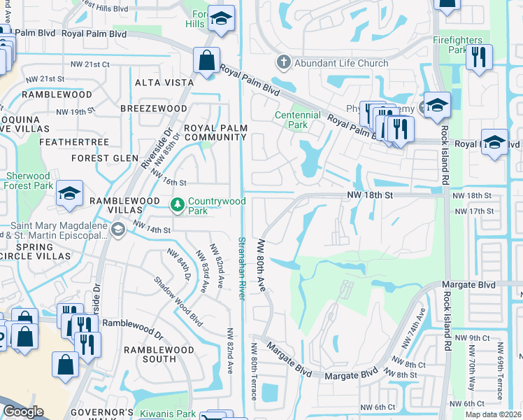 map of restaurants, bars, coffee shops, grocery stores, and more near 1705 Northwest 80th Avenue in Margate