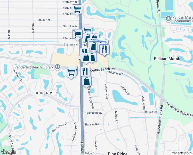 map of restaurants, bars, coffee shops, grocery stores, and more near 883 Cassena Road in Naples