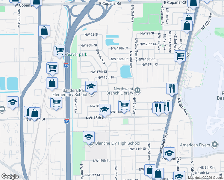 map of restaurants, bars, coffee shops, grocery stores, and more near 441 Northwest 16th Street in Pompano Beach