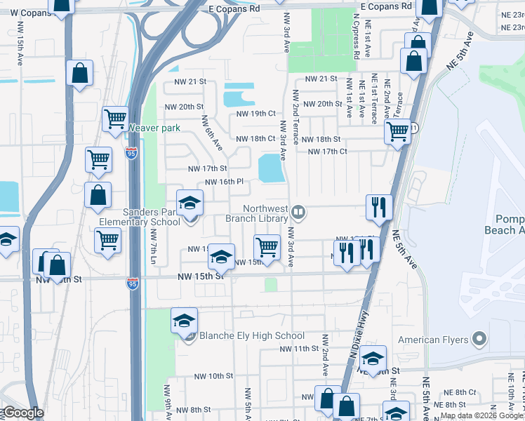 map of restaurants, bars, coffee shops, grocery stores, and more near 360 Northwest 16th Place in Pompano Beach