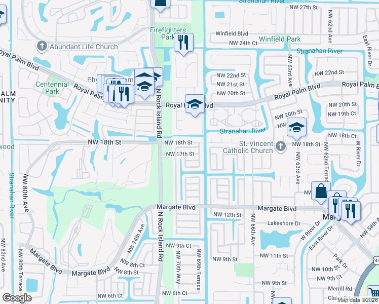 map of restaurants, bars, coffee shops, grocery stores, and more near 6915 Northwest 17th Court in Margate