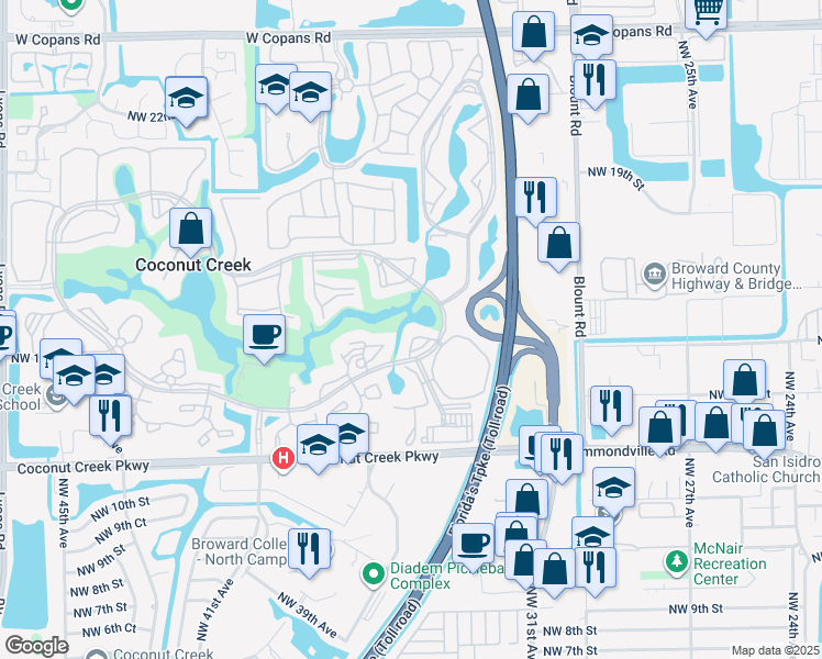 map of restaurants, bars, coffee shops, grocery stores, and more near 4301 Martinique Circle in Coconut Creek