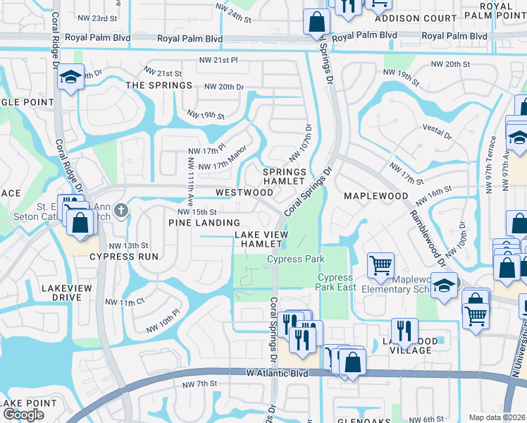 map of restaurants, bars, coffee shops, grocery stores, and more near 10654 Northwest 16th Street in Coral Springs
