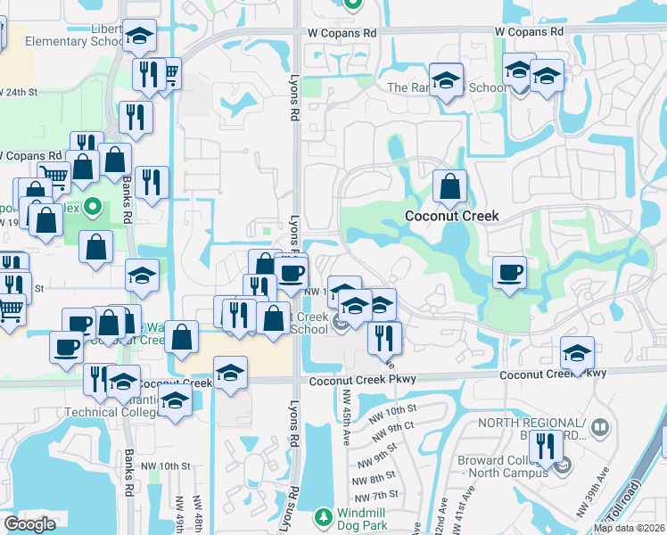 map of restaurants, bars, coffee shops, grocery stores, and more near 2504 Antigua Terrace in Coconut Creek